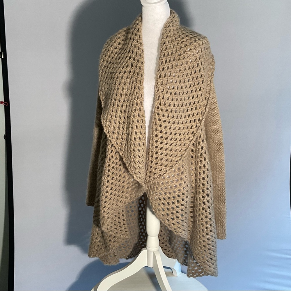 Anthropologie Elsamanda 2X Open Knit Hi/Lo Taupe Cardigan with Shawl Collar - Picture 4 of 16